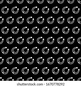 Seamless vector pattern with white Horseshoe on a black backdrop for St. Patrick's Day. Spring party background for greetings card, flyer, decor, packaging design and more.