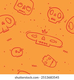 Seamless vector pattern with white human line art red skull with crown on yellow background. Happy Halloween holiday. Hand drawn doodle icon. Cartoon graffiti style. Horror party. Sketch zombie face. 