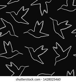 Seamless vector pattern white Hummingbird outline on black background