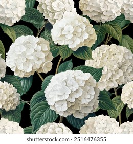 Seamless vector pattern with white hydrangea flowers isolated on a changeable background. Vintage painting style illustration.	