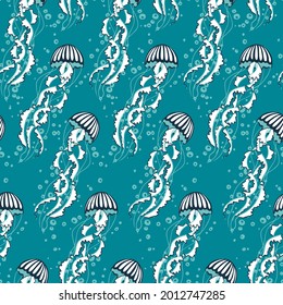Seamless vector pattern of white jellyfish on turquoise background