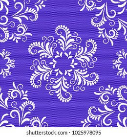 Seamless vector pattern. White lace mesh with floral pattern on a blue background. Imitation of laces for her underwear.