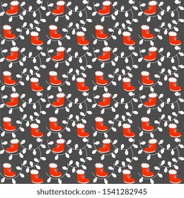 Seamless vector pattern with white lanterns and red boots on a gray artistic background. Cover design, packaging and wrapping background.