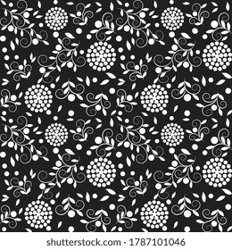 Seamless vector pattern with white leaves, polka dots, curls, arty, jumbled on a black background. Black and white stylish illustration.