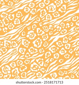 
Seamless vector pattern with white leopard spots and tiger stripes on a yellow background.