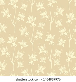 Seamless vector pattern with white lilies on light beige background. Simple soft floral wallpaper design. Beautiful pastel nature fashion textile. 
