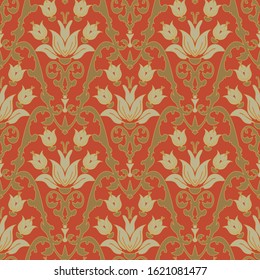Seamless vector pattern with white lilies and leaves on rusty orange red background. Vintage royal wallpaper design with flowers.