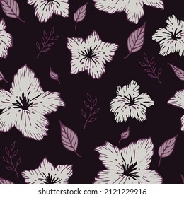 Seamless vector pattern with white lilies on purple background. Simple romantic flower bloom wallpaper design. Decorative floral fashion textile.