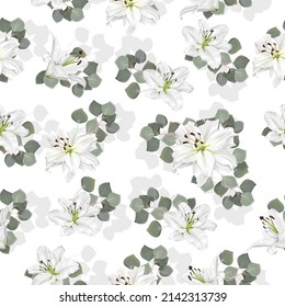 Seamless vector pattern. White lilies and eucalyptus