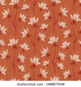 Seamless vector pattern with white lily's on brown background. Vintage floral wallpaper design. Romantic retro fashion textile.