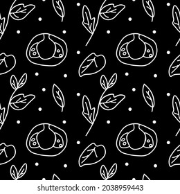 Seamless vector pattern of white line cooking on a black hand drawn background.Repetitive cafe print doodle style.Designs for textiles,wrapping paper,restaurant menus,social media,scrapbook paper.