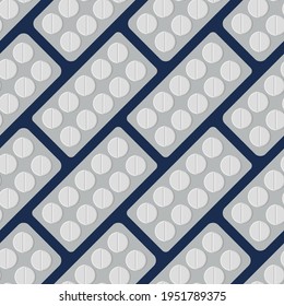 Seamless vector pattern with white medical tablets. Medical drug packages for tablets. Medicine background with pharmaceutical round pills. Color illustration.