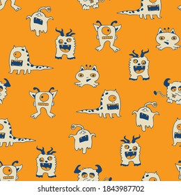 Seamless vector pattern with white monsters on yellow background. Simple cartoon wallpaper design. Crazy fashion textile for children.