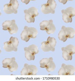 Seamless vector pattern of white orchids on a light background, made in a realistic style using a gradient mesh. Flowers on the background are scattered randomly, suitable for textures and gift paper