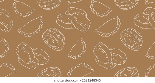 seamless vector pattern of white outline ukrainian syrniki and varenyky light brown background, repeating design cheese pancakes dumplings, traditional cuisine