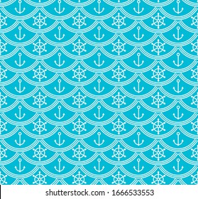  Patrón vectorial sin problemas. Bordes blancos sobre fondo azul. Símbolos náuticos enlosados: ancla, timón y ondas. Un marco elegante para cualquier diseño marino: niños jugando a la marina, vacaciones en el mar, restaurantes de pescado.