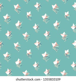 Seamless vector pattern with white paper boats on turquoise background. PBright colorful summer background for fabric, textile, beach apparel, summer shirts and dresses. 