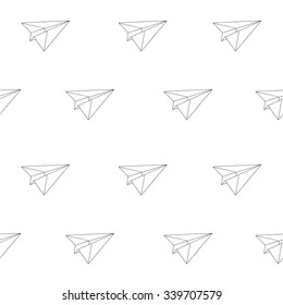 Seamless vector pattern of white paper airplanes on a white background.