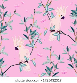 Seamless vector pattern with white parrots sitting on green branches on a light pink background. Square template with exotic birds and leaves for fabric and wallpaper.