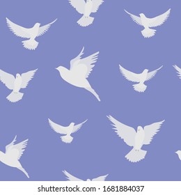 Seamless vector pattern with white pigeons on a blue background.