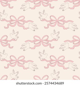 Seamless vector pattern with white pigeons holding cute coquette bow. Hand drawn background with birds and ribbons for wedding, valentine day design. Vintage line art wallpaper, wrapping paper