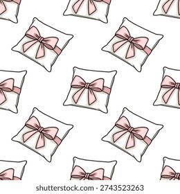 Seamless vector pattern of white pillows with delicate pink bows, perfect for gift wrapping and textiles.