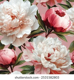 Seamless vector pattern with white and pink peony flowers isolated on a changeable background.