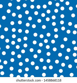 Seamless vector pattern. White Polka dot on blue. Dotted background with circles, dots, rounds Vector illustration for print on fabric, gift wrap, web backgrounds, scrap booking, patchwork