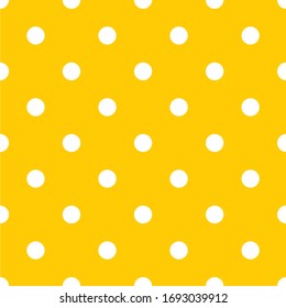 Seamless vector pattern with white polka dots on a sunny yellow background. For cards, invitations, wedding or baby shower albums, backgrounds, arts and scrapbooks.