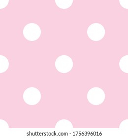 Seamless vector pattern with white polka dots on a pastel pink background. For cards, albums, backgrounds, arts, crafts, fabrics, decorating or scrapbooks.