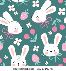 Seamless vector pattern with white rabbit, cherry, strawberry and flowers. Hand drawn cute Easter bunny pattern. Perfect for textile, wallpaper or nursery print design.