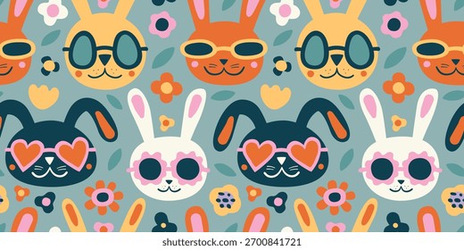Seamless vector pattern with white rabbit, colorful bunnies, bunny heads and flowers. Hand drawn cute Easter bunny pattern. Perfect for textile, wallpaper or nursery print design.