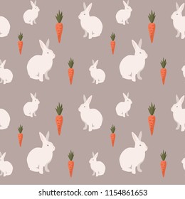 Seamless vector pattern with white rabbits and carrots, Easter pattern with bunnies