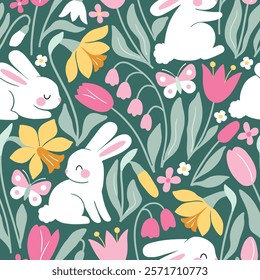 Seamless vector pattern with white rabbits on floral background. Hand drawn cute Easter bunny pattern. Perfect for textile, wallpaper or nursery print design.