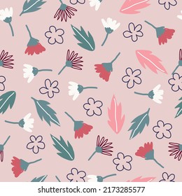 Seamless vector pattern with white, red flowers, leaves and floral abstract on pink background.