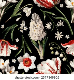 Seamless vector pattern with white and red spring flowers isolated on a changeable background. Vintage painting style illustration.