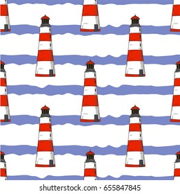 Seamless vector pattern. White and red lighthouses pattern on the white and blue stripped background.