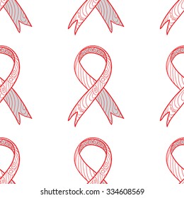 Seamless vector pattern with white ribbons and red ornaments - AIDS, HIV, heart disease, stroke awereness sign.
Ribbons on white background.