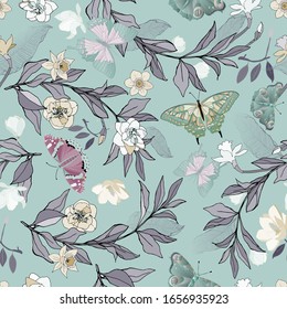 Seamless vector pattern with white roses and daffodils flowers. Illustration with colorful butterflies and lilac leaves on a light blue background.