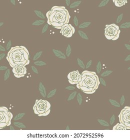 Seamless vector pattern with white roses on brown background. Vintage pastel floral wallpaper design. decorative romantic fashion textile.
