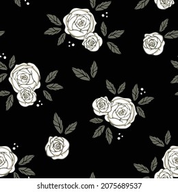 Seamless vector pattern with white roses on black background. Simple vintage floral wallpaper design. Decorative nostalgic fashion textile.