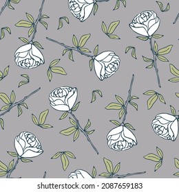 Seamless vector pattern with white roses on grey background. Romantic vintage floral wallpaper design. Decorative Victorian fashion textile.