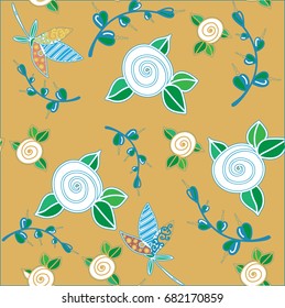 Seamless vector pattern white roses and leaves on yellow background