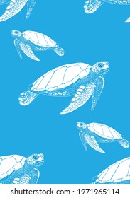 Seamless vector pattern with white sea turtles on light blue background 