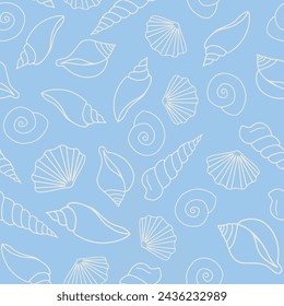 Seamless vector pattern. White seashell outlines tossed on bright blue background, textile wallpaper