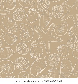 Seamless vector pattern with white seashells and starfish on a sand background
