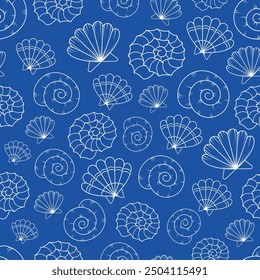 Seamless vector pattern with white seashells on a blue background