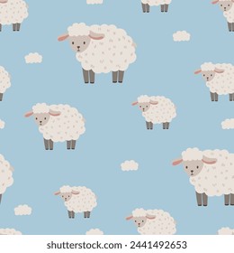 Seamless vector pattern with white sheep, cute kids background