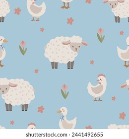 Seamless vector pattern with white sheep, ducks, chickens, flowers. cute kids background