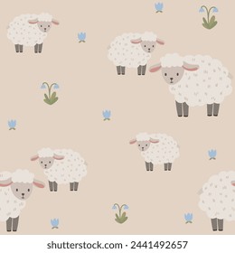 Seamless vector pattern with white sheep and flowers, cute kids background